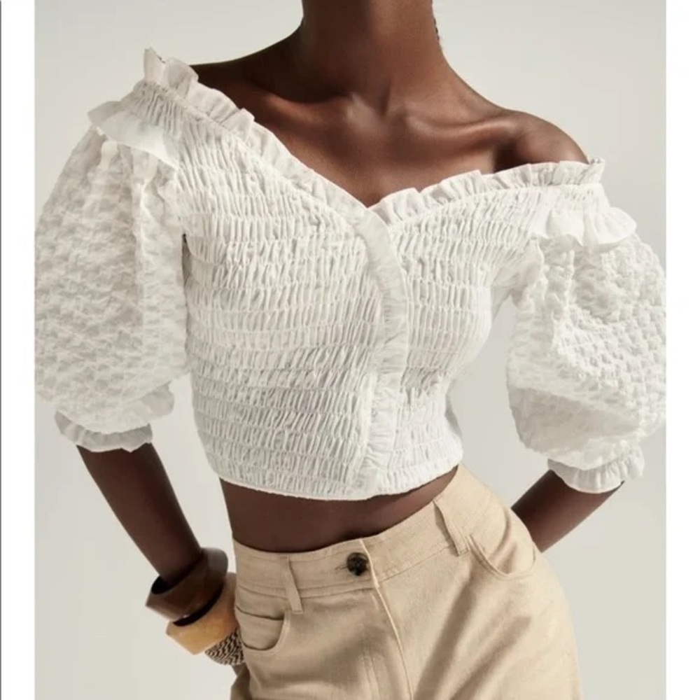 Zara White Smocked Off-Shoulder Puff Sleeve Crop Top